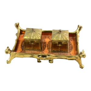 Antique Brass & Copper Art Nouveau Ink Well Set