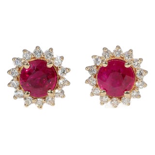 Aa Burma Ruby Earrings With Earth-Mined Diamond Accents in Solid 14k Gold, 5mm For Sale