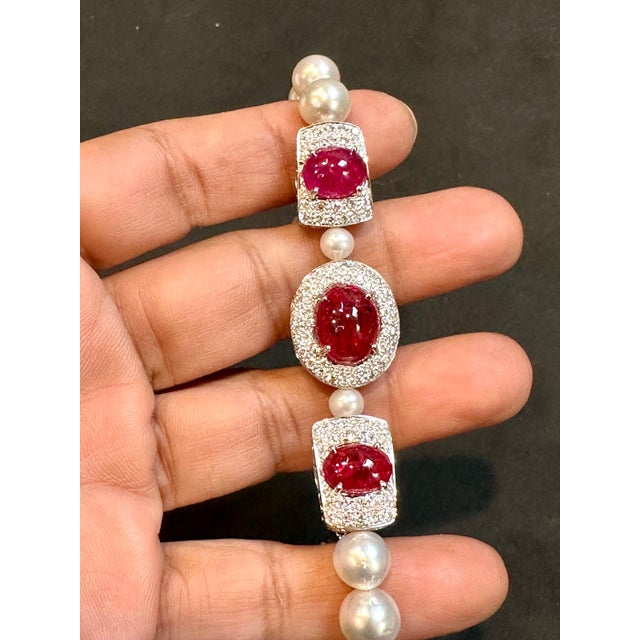 Gemstone GIA Certified Burma No Heat Natural Spinel & Diamond & Pearl Bracelet, 18KWG For Sale - Image 7 of 18