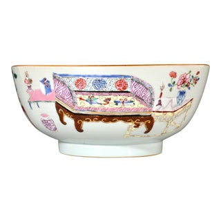 Chinese Export Famille Rose Porcelain Bowl With Chinese "Antiques" & Scholar's Items on Furniture, Qianlong Period, Circa 1735-40 For Sale