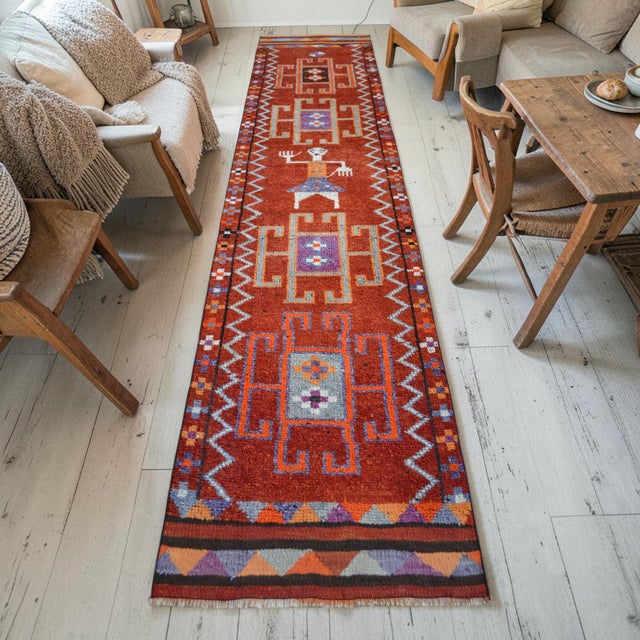 Tribal 1960s Vintage Hand-Knotted Primitive Turkish Rug Runner Ancient Alien Motif - 2′8″ × 10′8″ For Sale - Image 3 of 13