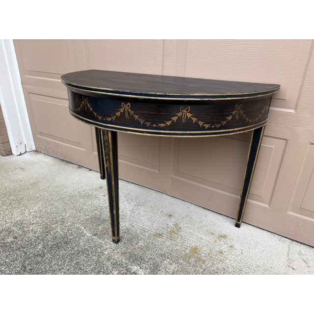 Neoclassical Regency Black and Gold Demilune Console Table For Sale - Image 3 of 10