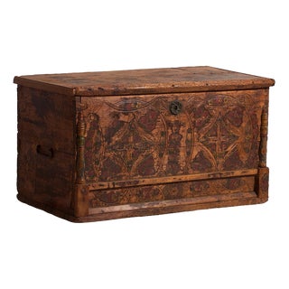 Antique Brown Trunk with Floral Motifs, 1920s For Sale