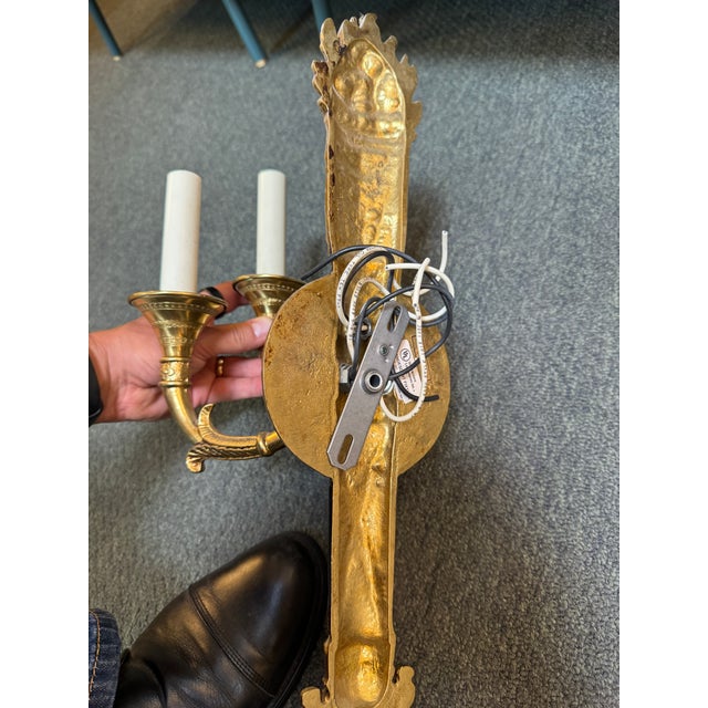 Gold Mid 20th Century Neoclassical Brass Torch Wall Sconces, Pair - Made in Spain For Sale - Image 8 of 11