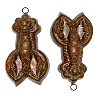 Rare Original Matching Pair of Early 1900s Antique Germany Hand Wrought Solid Copper Lobster Kitchen Molds For Sale