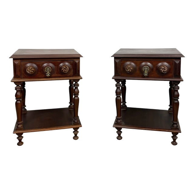 Spanish Carved Wood Nightstands, 1930, Set of 2 For Sale