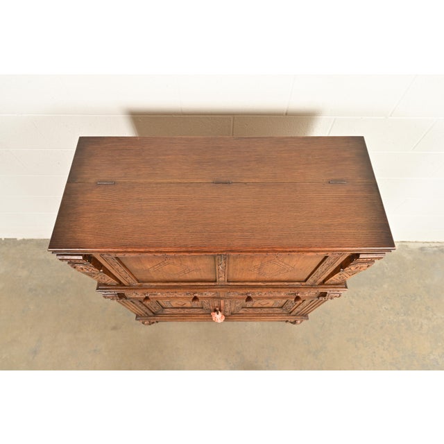 Antique English Jacobean Carved Oak Bar Cabinet, Circa 1920s For Sale - Image 15 of 18