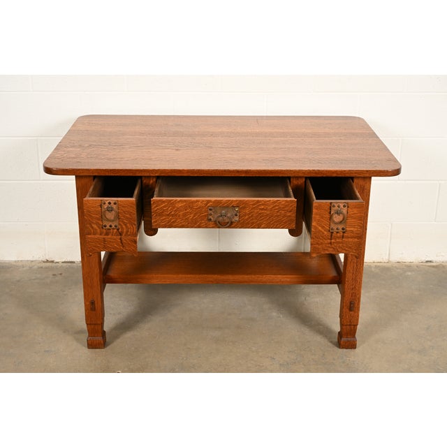 Early 20th Century Stickley Brothers Style Antique Mission Oak Arts & Crafts Desk or Writing Table, Circa 1910 For Sale - Image 5 of 15