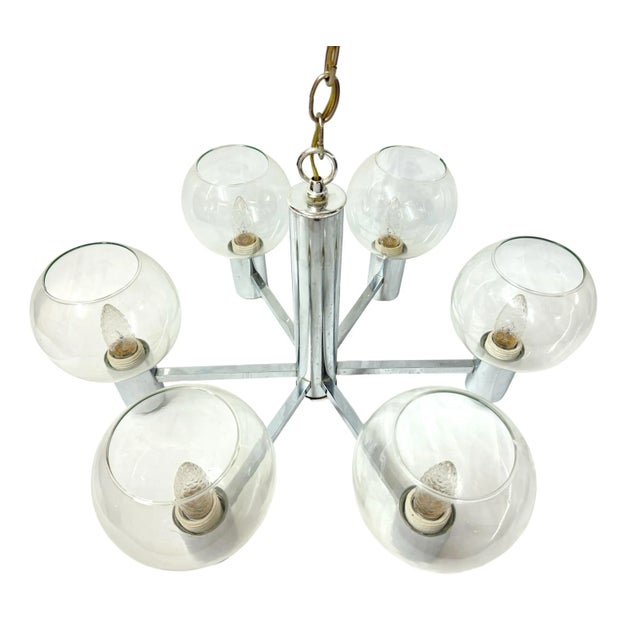 Mid-Century Modern chrome and glass chandelier. Atomic Sputnik style six arm light most likely by Lightolier but might be...