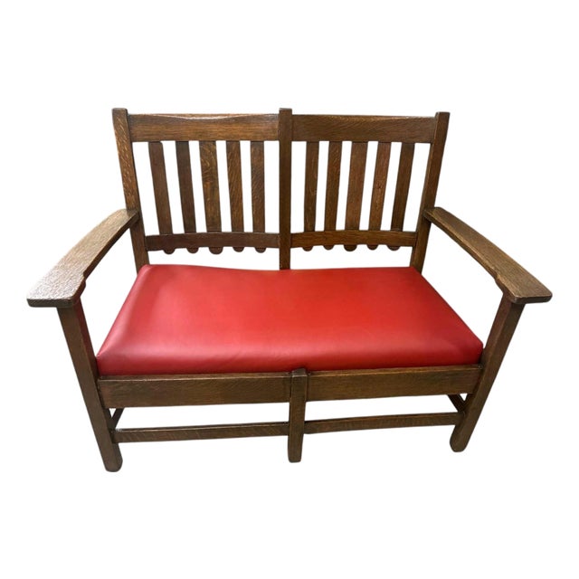 Stickley Brothers Grand Rapids Antique Settle Model #3887 - Quarter Sawn Oak and New Red Leather Seat - Circa 1910 For Sale