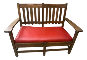 Stickley Brothers Grand Rapids Antique Settle Model #3887 - Quarter Sawn Oak and New Red Leather Seat - Circa 1910