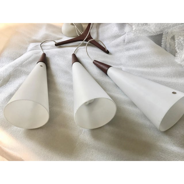 Wood 1950s Holm Aage Sorensen for Raak Tri Teak Triple White Glass Hanging Pendants- a Pair For Sale - Image 7 of 11