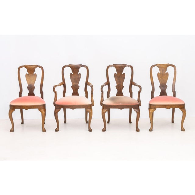 Set of Four Queen Anne Style Walnut Dining Chairs, two armchairs and two side chairs, with pink velvet upholstered seats...
