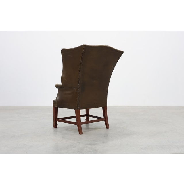 Mid-Century Modern Wing Back Chair in Green Leather, 1980s For Sale - Image 10 of 15