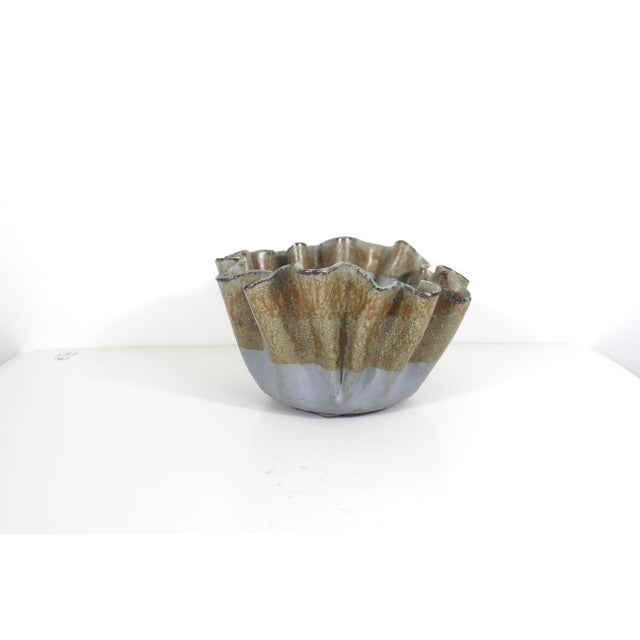 Contemporary Vintage Sculptural Signed Studio Pottery Footed Bowl Organic Ruffled Edge For Sale - Image 3 of 13