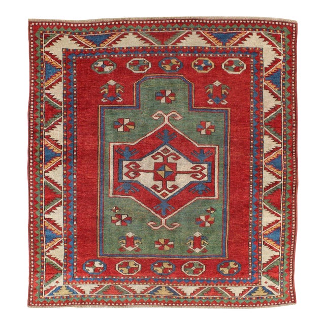 Antique Caucasian Fachralo Kazak With Tribal Design in Green, Red and Ivory 3'9 X 4'2 For Sale
