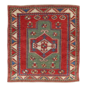 Antique Caucasian Fachralo Kazak With Tribal Design in Green, Red and Ivory 3'9 X 4'2