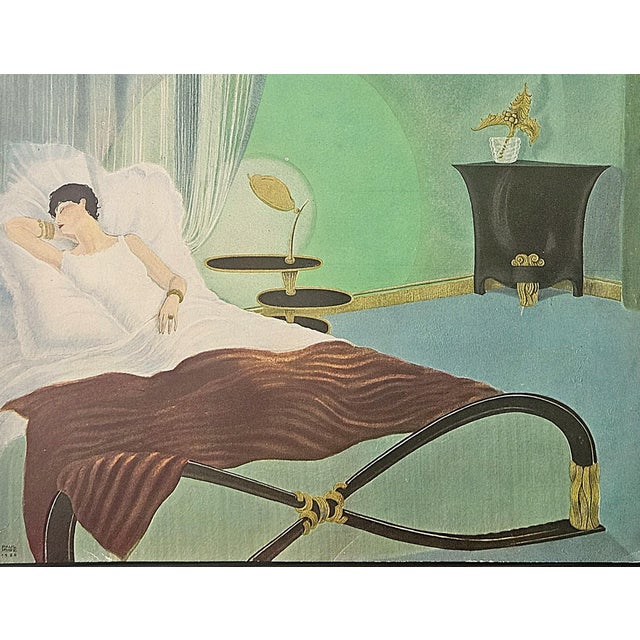 Art Deco 1934 French Art Deco Lithograph-Women at Home-Bedroom For Sale - Image 3 of 3
