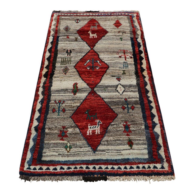 1950s Vintage Gabbeh Persian Rug in Red and Gray With Animals Pictorials - Rug & Kilim For Sale - Image 5 of 7