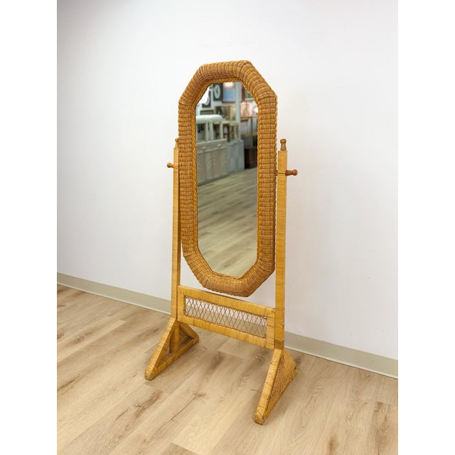 Vintage Coastal Hexagon Wicker Floor Mirror, Rattan Standing Full Length Mirror For Sale - Image 4 of 9