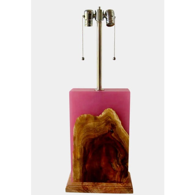 Orchid Pink Resin and Carob Burl Wood Console Table Lamp For Sale - Image 13 of 13