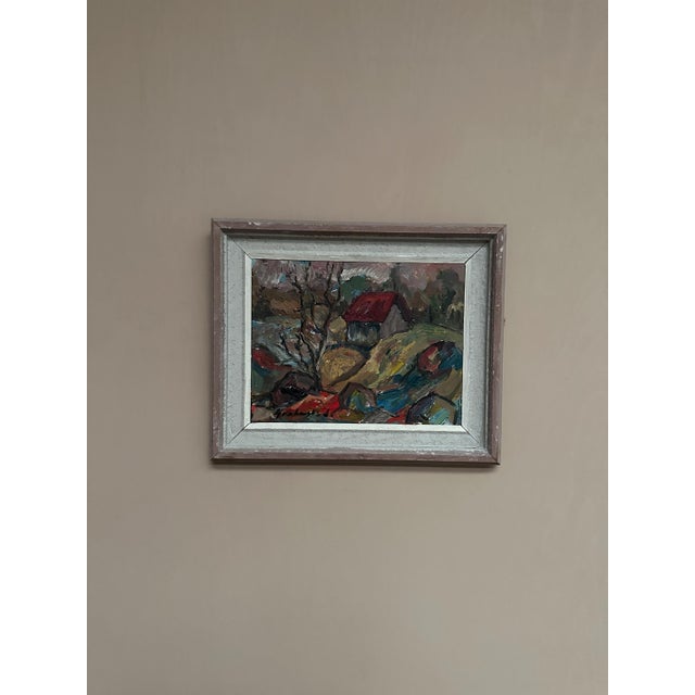 Nils Grahmstad, Cottage with a Red Roof, 1960s, Oil on Canvas For Sale - Image 5 of 18