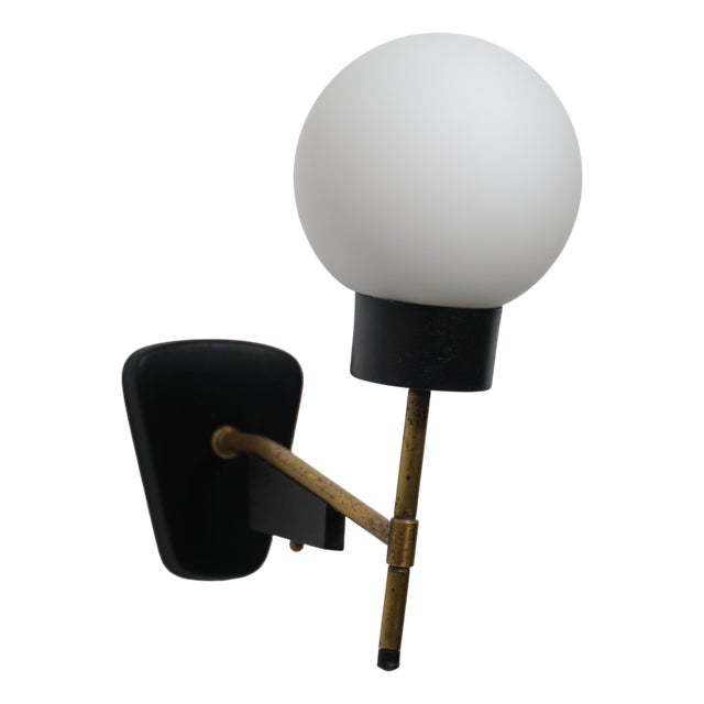 Italian Brass Wall Sconce with Opaline Glass Shade, 1950s For Sale