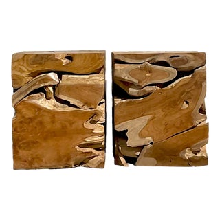 Vintage Boho Puzzle Wood Low Stools - A Pair For Sale