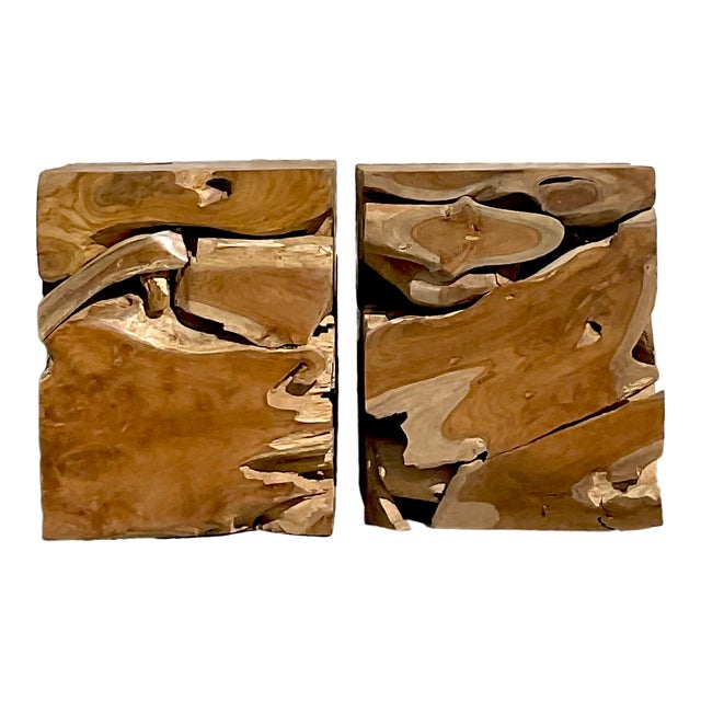 Vintage Boho Puzzle Wood Low Stools - A Pair For Sale