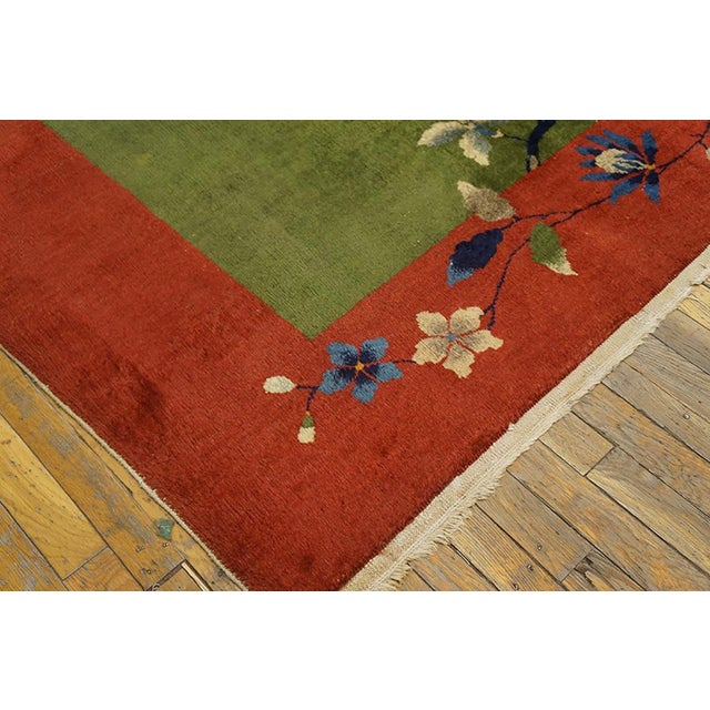 1920s Green Floral Antique Chinese Deco Rug 8' X 10' Knotted Wool Carpet For Sale In New York - Image 6 of 6