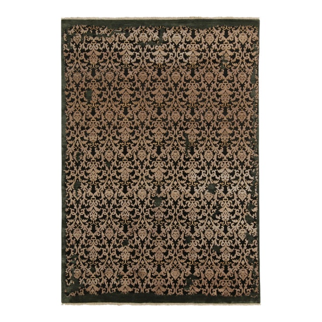 Rug & Kilim’s Classic-Style Rug in Silver Floral Patterns on Black & Green For Sale