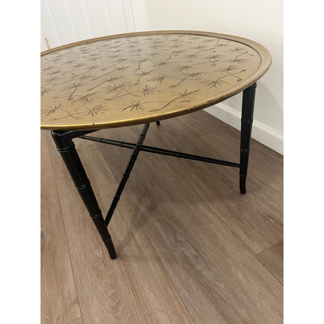1950s Mid Century Oval Kittinger Style Coffee Table Faux Bamboo Tapered Legs Incised Leafs Design on Top For Sale - Image 4 of 12