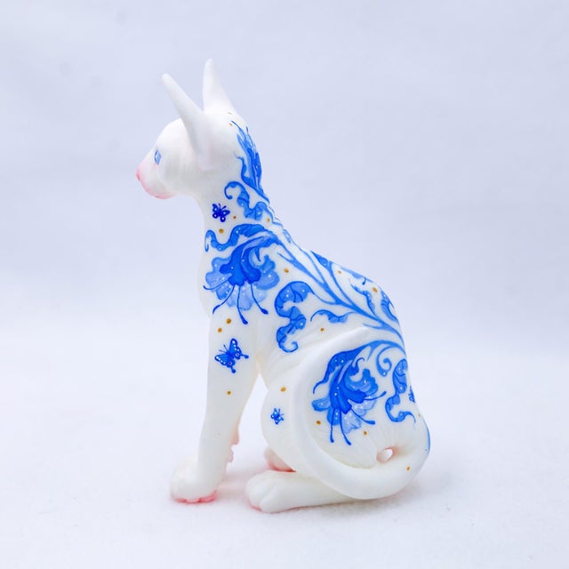 Contemporary Porcelain Pattern Sphynx 2 by Nana Williams | Resin cast, Acrylic Gouache Sphynx cat sculpture. For Sale - Image 3 of 5