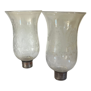 Antique French Blown Glass Hurricane Shades for Wall Sconces or Chandelier Candles With Etched Foliate Design - A Pair