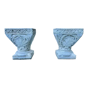 Vintage Aggregate Stone White Square Pedestal Planters - Set of 2