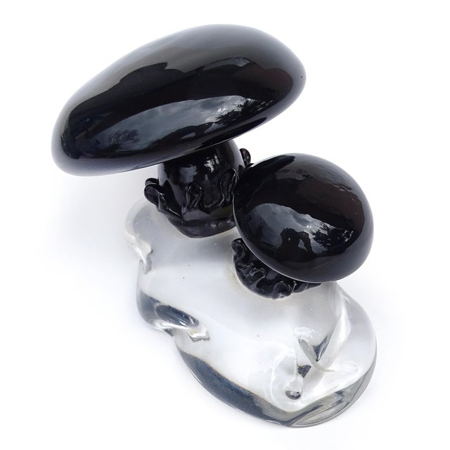 Beautiful and rare, vintage Murano hand blown jet black on clear base Italian art glass mushrooms toadstools sculpture /...