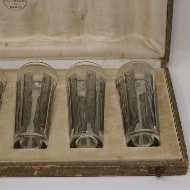 Art Nouveau 1910s Art Nouveau Rene Lalique Glass Shot Glasses Set of 6 Boxed For Sale - Image 3 of 18
