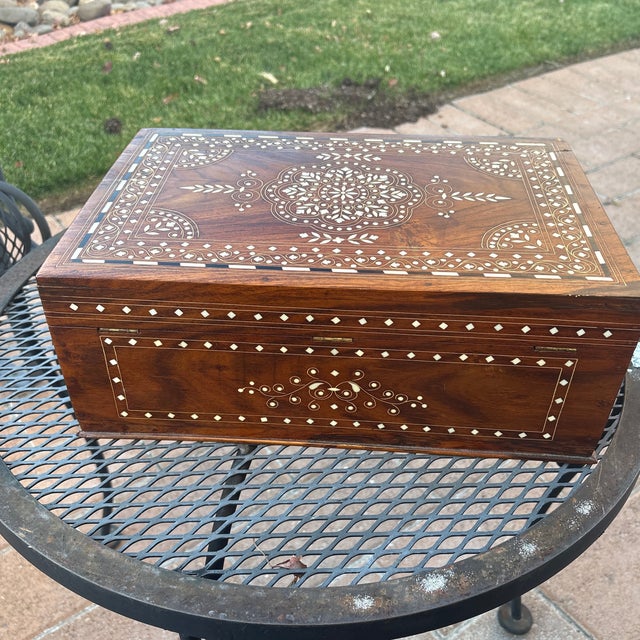 Moroccan Artist Moroccan Bone Inlay Jewelry Case With Shelf For Sale - Image 4 of 6