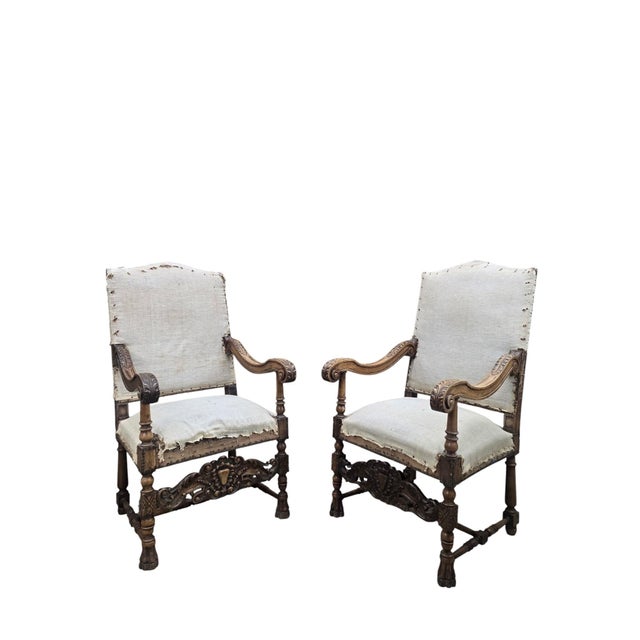Late 19th Century Antique French Henri II Renaissance Revival Carved Walnut Throne Armchairs – 4 For Sale - Image 5 of 11
