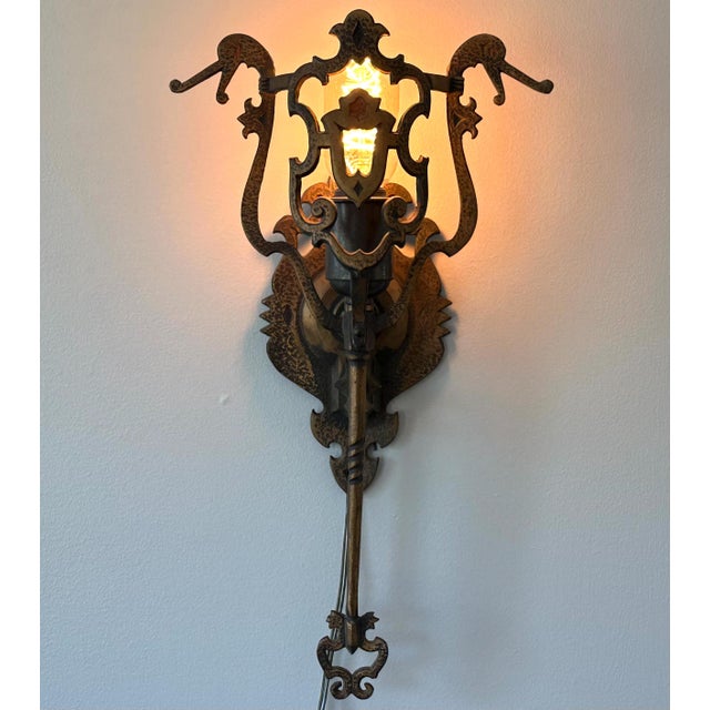 Spanish Revival Brass Wall Sconce: Gothic Dragon Design, c. 1910-1920 For Sale - Image 10 of 10