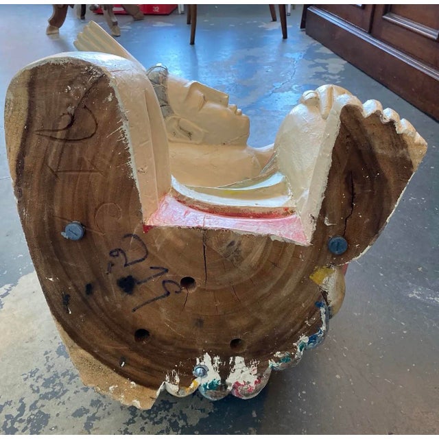 Off-white Vintage Balinese Kneeling Figure Sculptural Coffee Table With Round Glass Top | Hollywood Regency Exotic Figural Art Table For Sale - Image 8 of 8