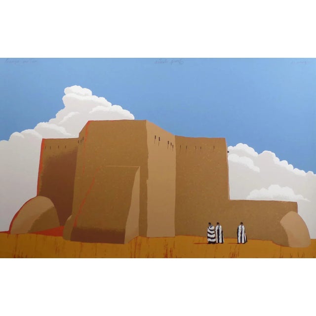 1980s "Strangers in Taos" Minimalist Figurative Southwestern Landscape Lithograph For Sale