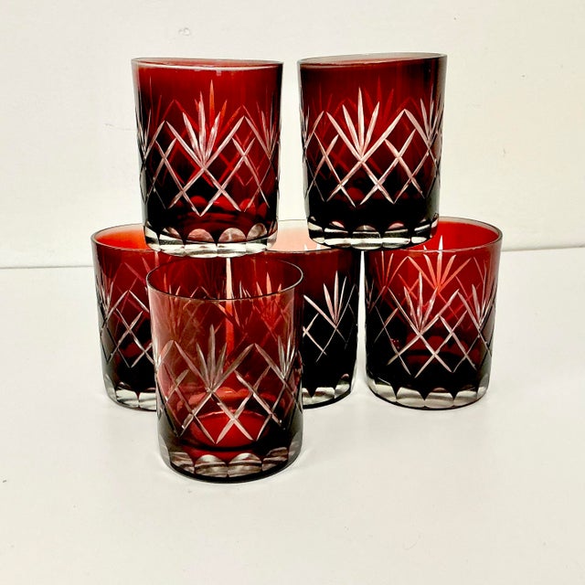 Mid 20th Century Boho Chic Czechoslovakian Clear Cut to Ruby Etched Crystal Lowballs - Set of 6 For Sale - Image 4 of 10