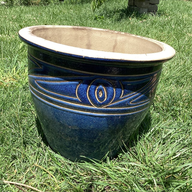 Ceramic Mediterranean Style Large Pottery Studio Cobalt Blue Glazed Ceramic Planter W/Incised Tan Scroll For Sale - Image 7 of 12