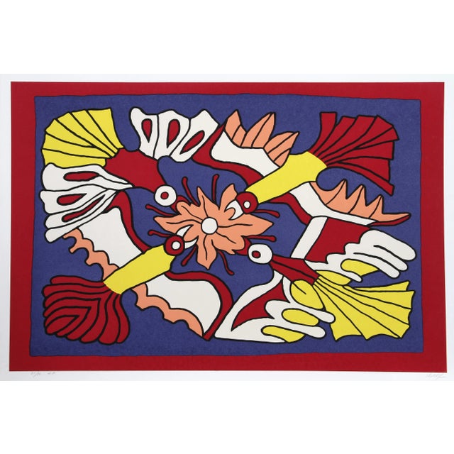 Four Red Birds and a Flower, Screenprint For Sale - Image 4 of 4