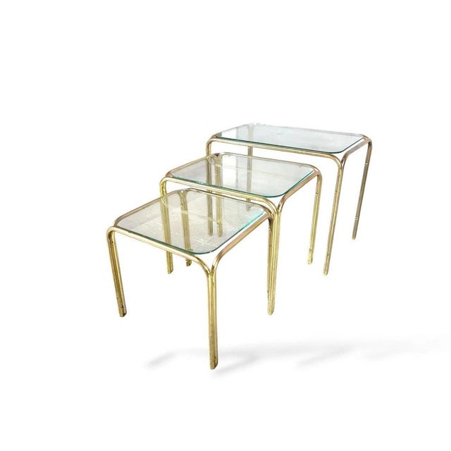 Mid-Century Hollywood Regency Brass and Glass Nesting Tables, 1970s, Set of 3 For Sale - Image 6 of 9