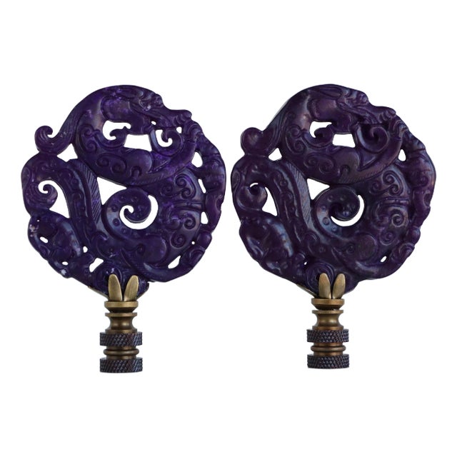 Prancing Dragon Chinese Carved Stone Lamp Finials on Bronze Hardware - A Matching Pair For Sale