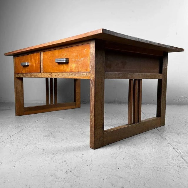 Simple Japanese writing desk 書斎机 (shosai-ki) with two drawers from the 1930s. This piece of furniture has beautiful signs...