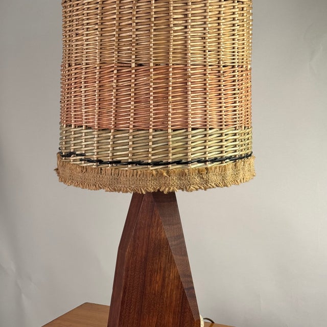 1970s Sculptural Hawaiian Koa Wood Lamp With Custom Rattan Shade For Sale - Image 9 of 12