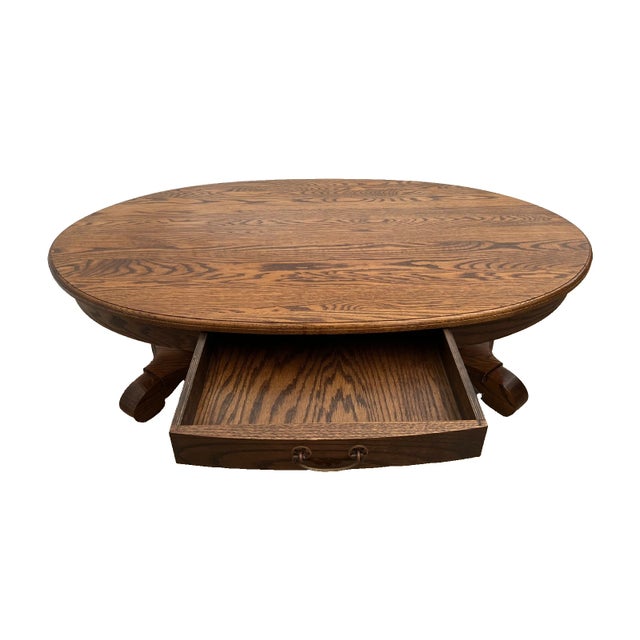 Traditional Vintage Oval Coffee Table Tiger Oak, Center Drawer, Shelf, Columns, Empire Style For Sale - Image 3 of 10